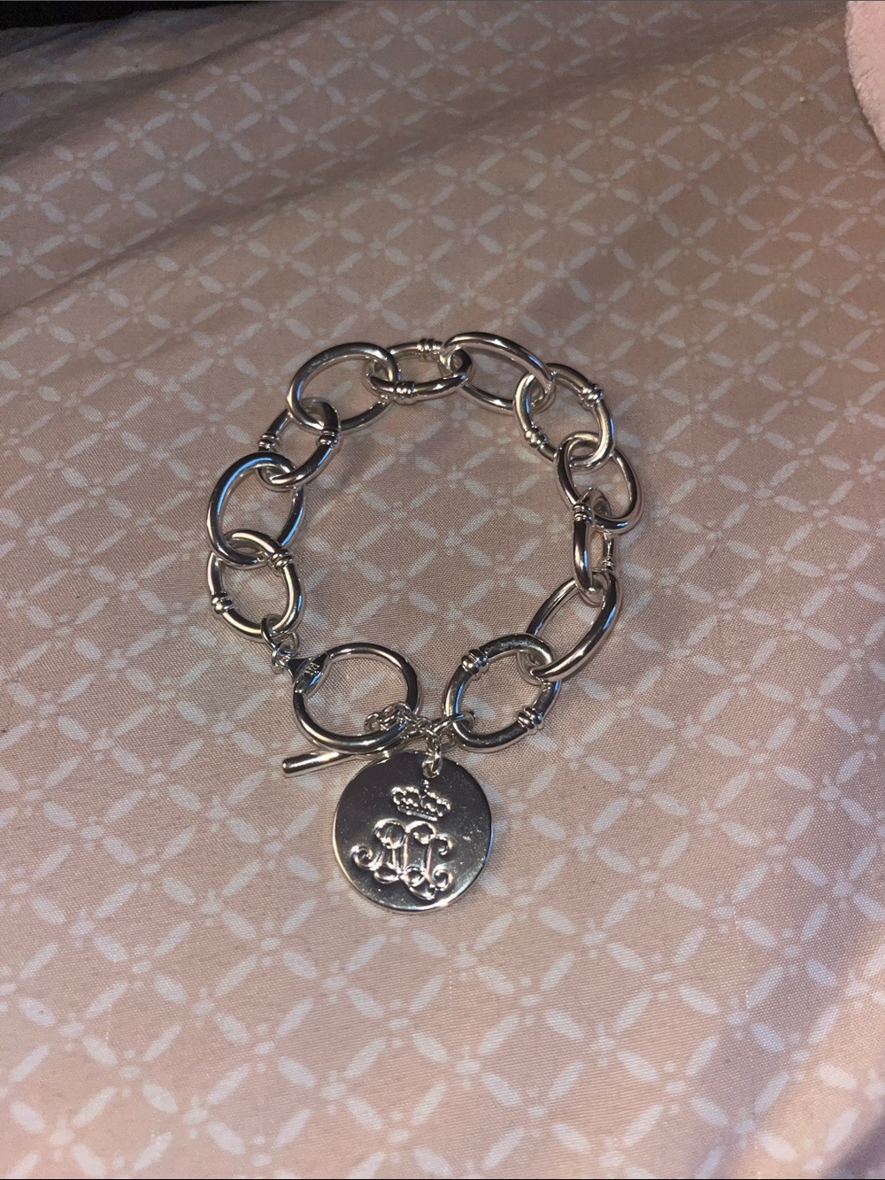 Lauren by Ralph Lauren Sterling Silver Link Charm Bracelet with Monogram Disc
